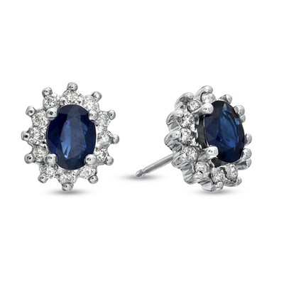 Simulated Blue & White Sapphire Oval Stud Earrings in 14k White Gold Over Sterling Silver Simulated Blue & White Sapphire Oval Stud Earrings in 14k White Gold Over Sterling Silver