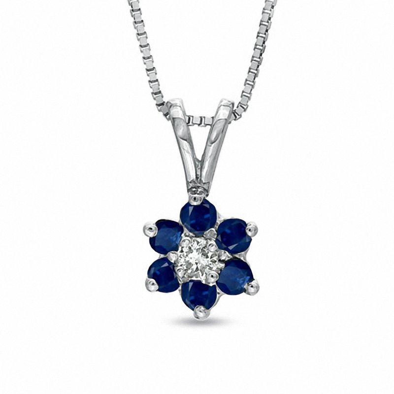 Blue Sapphire and Diamond Accent Flower Pendant in 14K White Gold