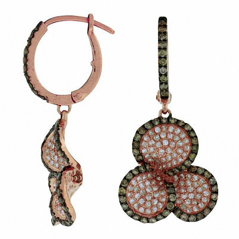 Main Image 1 of 1-1/2 CT. T.W. Champagne and White Diamond Clover Drop Earrings in 14K Rose Gold