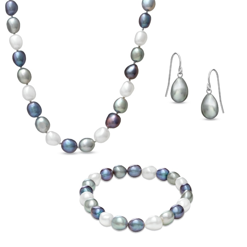 Main Image 1 of Honora 7.0-8.0mm Baroque Tuxedo Freshwater Cultured Pearl Strand Necklace, Bracelet and Earrings Set