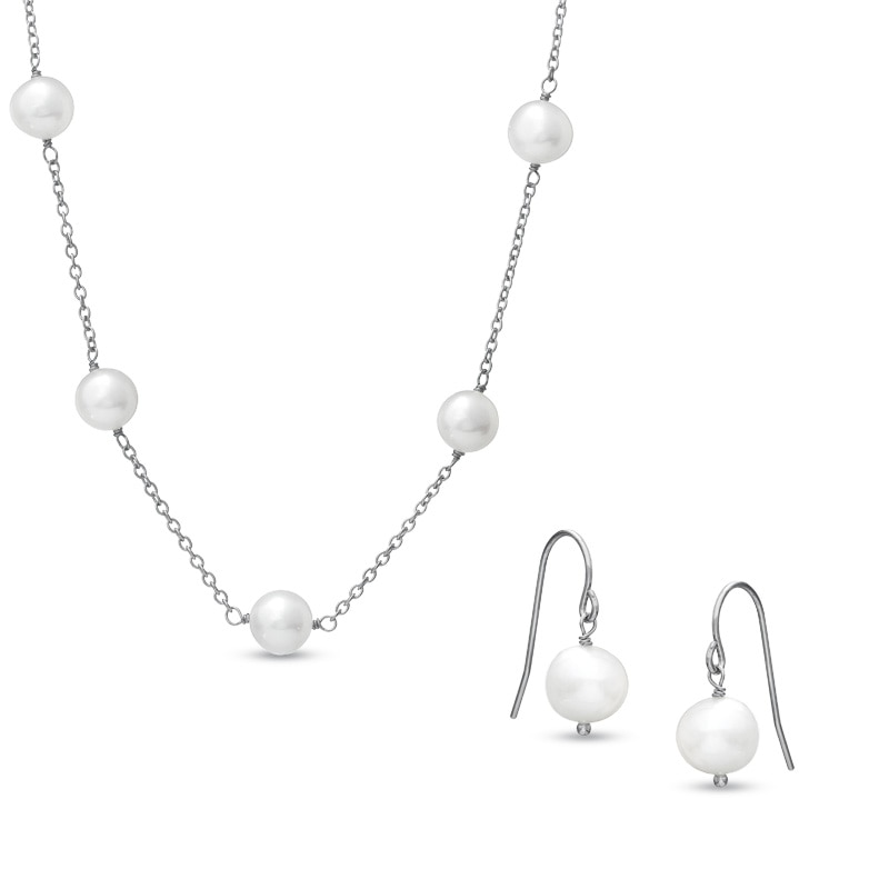 Main Image 1 of Honora 7.5-8.0mm Freshwater Cultured Pearl Station Necklace and Earrings Set in Sterling Silver