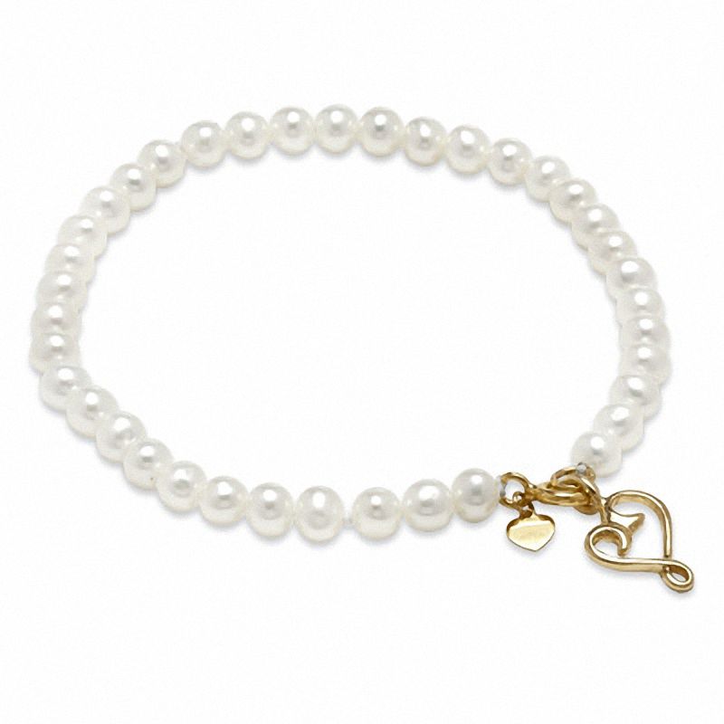 4.0 - 4.5mm Cultured Freshwater Pearl Strand Bracelet with 10K Gold Heart Charm and Clasp -  6.0"