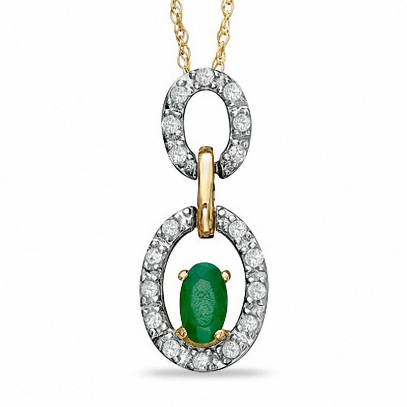 Main Image 1 of Oval Emerald and 1/8 CT. T.W. Diamond Double Circle Frame Pendant in 10K Gold