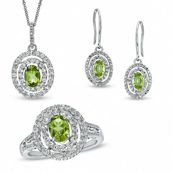 Peridot, Lab-Created White Sapphire and Diamond Accent Pendant, Ring and Earrings Set in Sterling Silver - Size 7