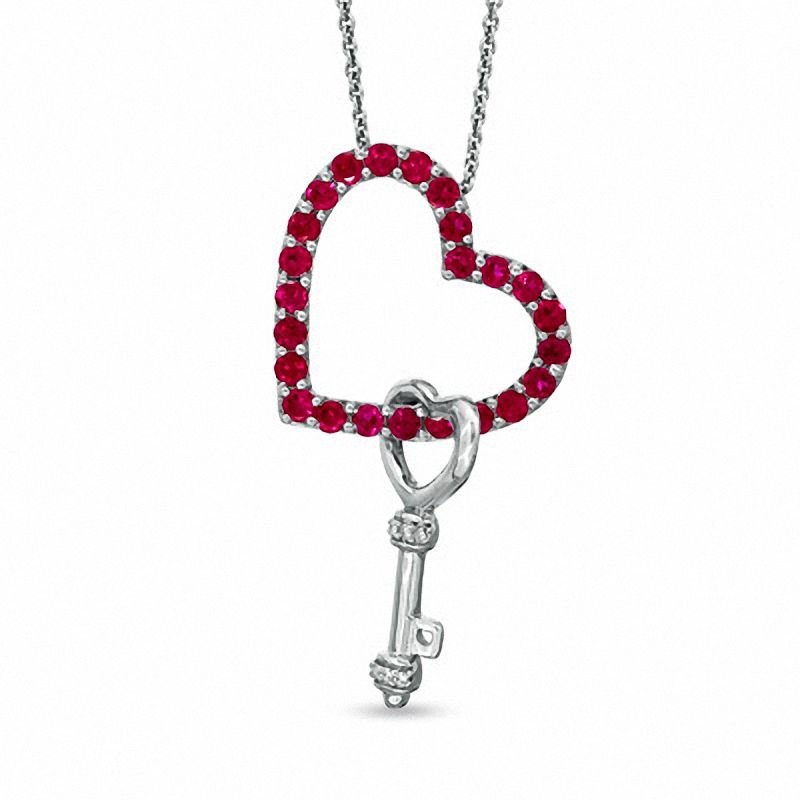 Main Image 1 of Lab-Created Ruby and Diamond Accent Heart Pendant with Key Charm in Sterling Silver