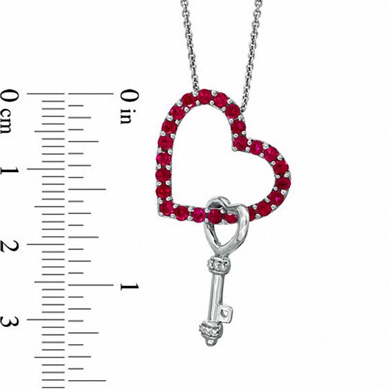 Lab-Created Ruby and Diamond Accent Heart Pendant with Key Charm in Sterling Silver