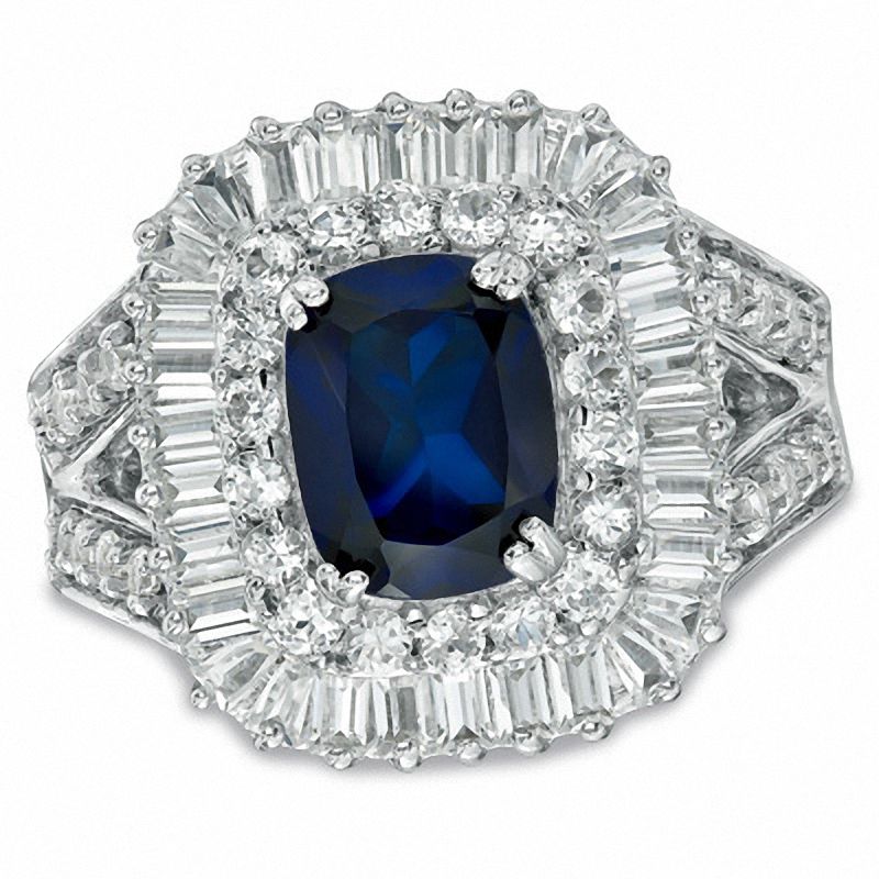 Main Image 1 of Cushion-Cut Lab-Created Ceylon and White Sapphire Frame Ring in Sterling Silver