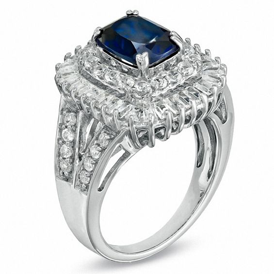 Cushion-Cut Lab-Created Ceylon and White Sapphire Frame Ring in Sterling Silver