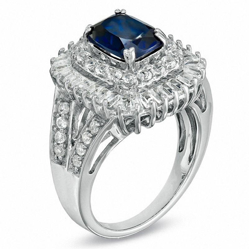 Main Image 2 of Cushion-Cut Lab-Created Ceylon and White Sapphire Frame Ring in Sterling Silver