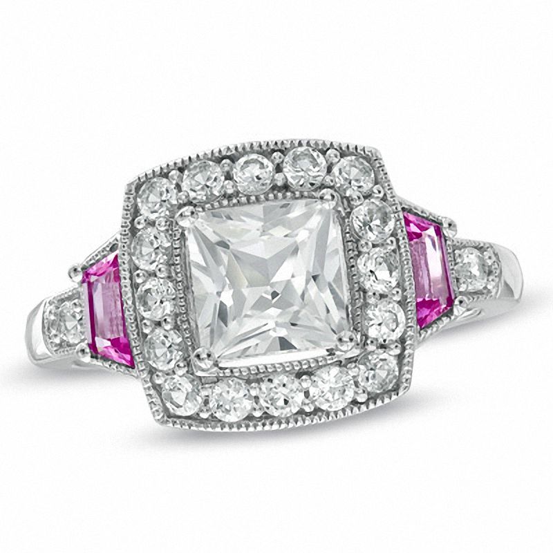 Main Image 1 of Princess-Cut Lab-Created White and Pink Sapphire Frame Ring in Sterling Silver