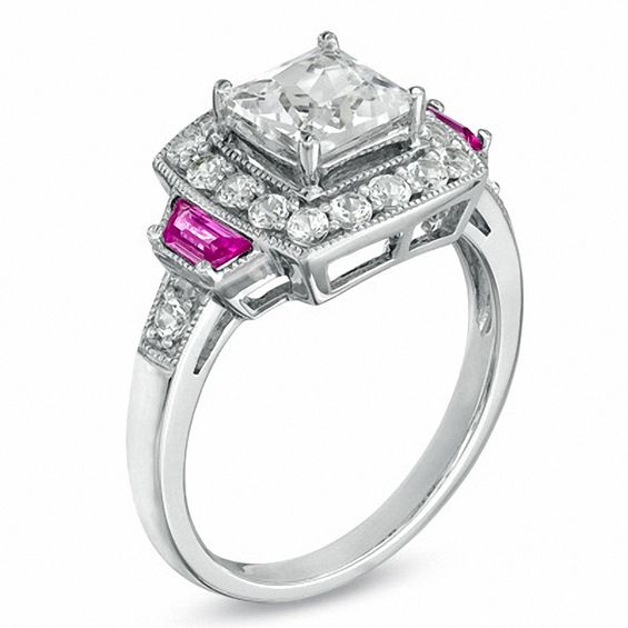 Princess-Cut Lab-Created White and Pink Sapphire Frame Ring in Sterling Silver