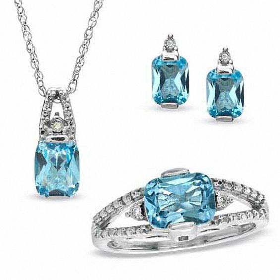 Cushion-Cut Blue Topaz and Diamond Accent Pendant, Ring and Earrings Set in Sterling Silver - Size 7