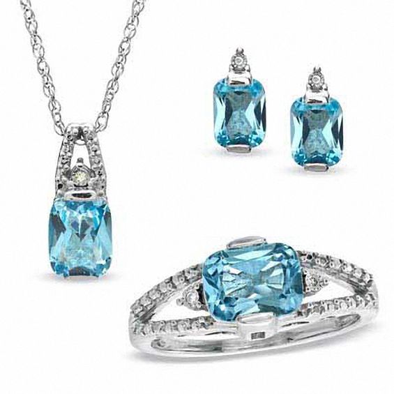 Cushion-Cut Blue Topaz And Diamond Accent Pendant, Ring And Earrings Set In Sterling Silver - Size 7