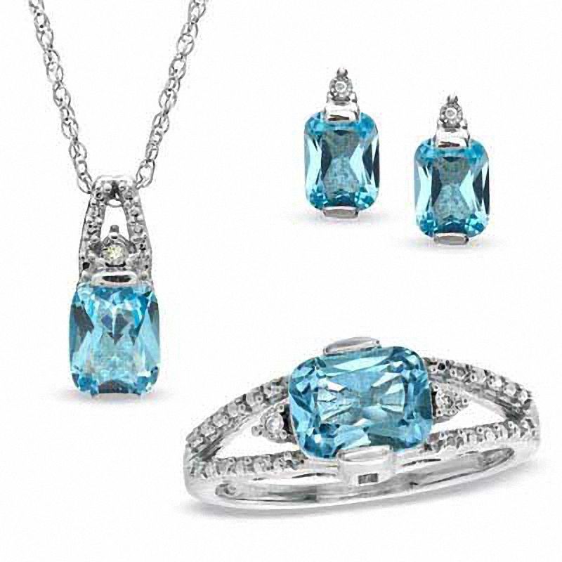 Main Image 1 of Cushion-Cut Blue Topaz and Diamond Accent Pendant, Ring and Earrings Set in Sterling Silver - Size 7