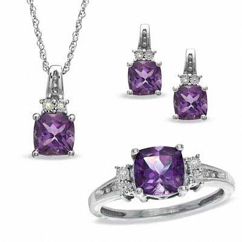 Main Image 1 of Cushion-Cut Amethyst and Diamond Accent Pendant, Ring and Earrings set in Sterling Silver - Size 7