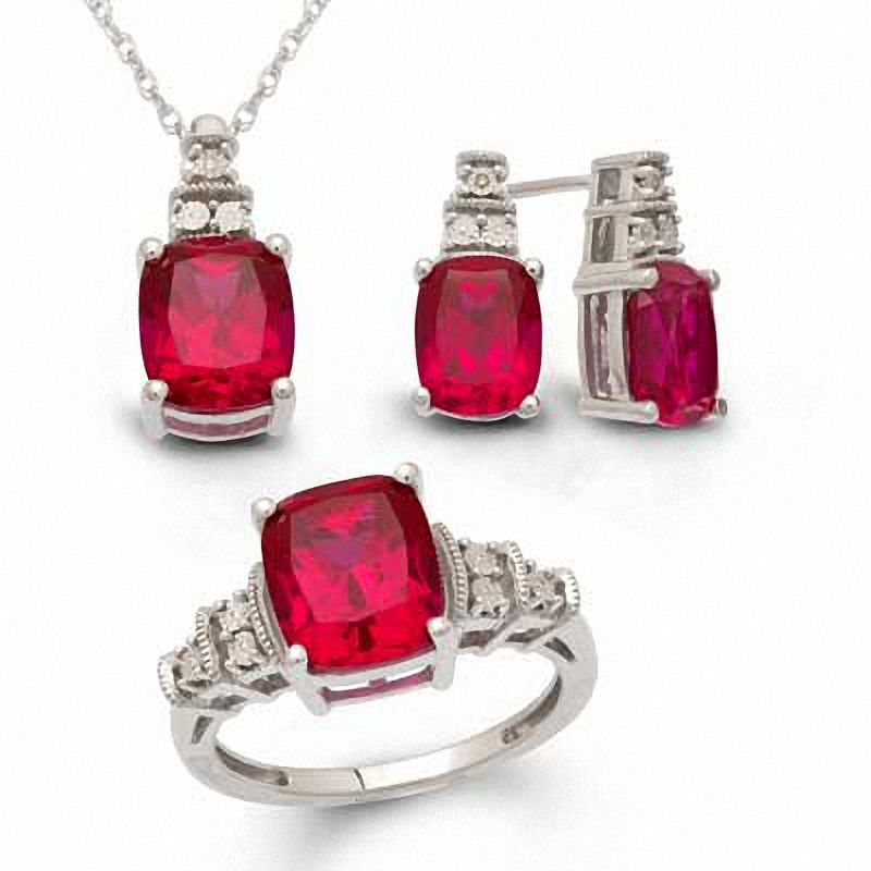 Main Image 1 of Cushion-Cut Lab-Created Ruby and Diamond Accent Pendant, Ring and Earrings Set in Sterling Silver - Size 7