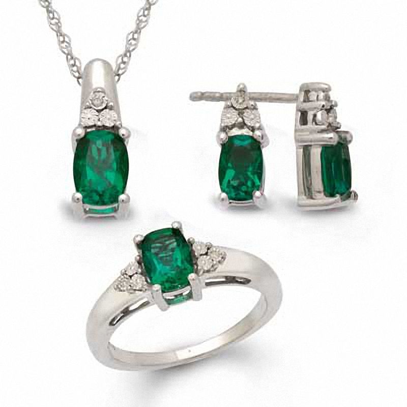 Main Image 1 of Emerald-Cut Lab-Created Emerald and Diamond Accent Pendant, Ring and Earrings Set in Sterling Silver - Size 7