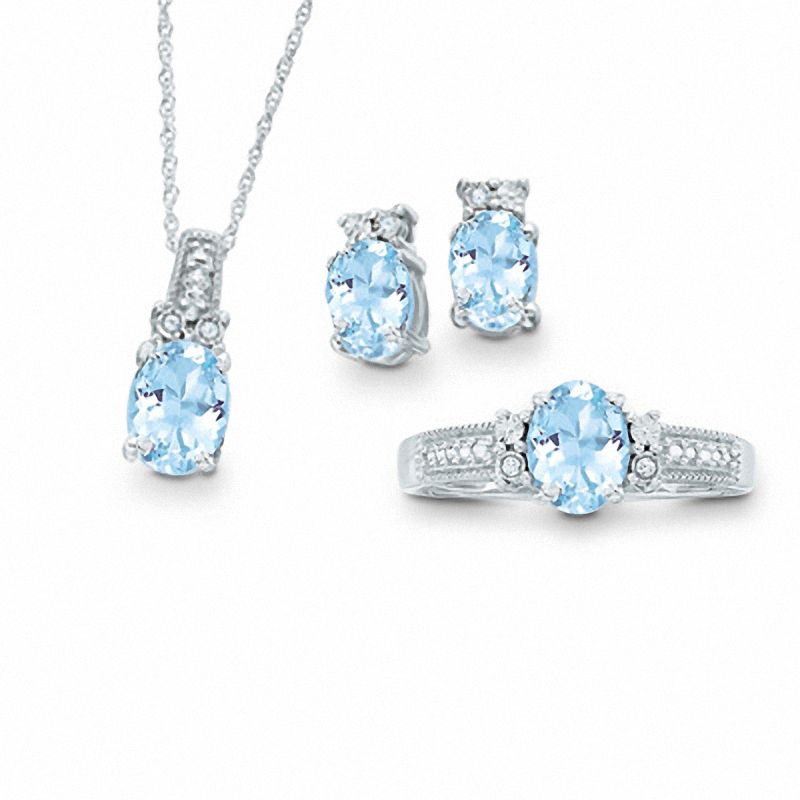 Main Image 1 of Oval Aquamarine and Diamond Accent Three Piece Set in Sterling Silver - Size 7