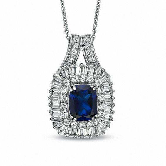 Cushion-Cut Lab-Created Ceylon and White Sapphire Frame Pendant in Sterling Silver