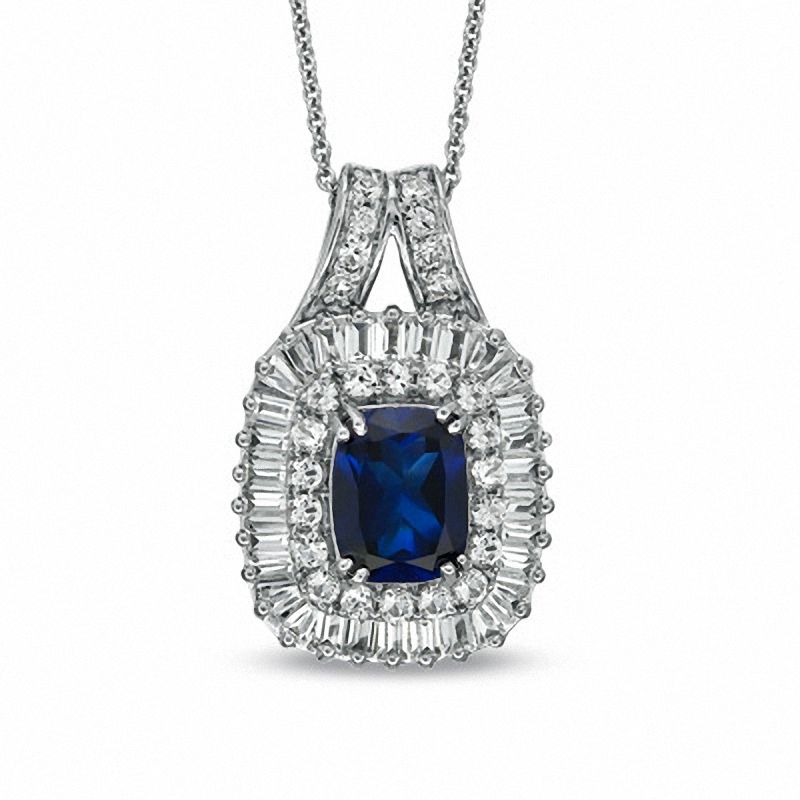 Main Image 1 of Cushion-Cut Lab-Created Ceylon and White Sapphire Frame Pendant in Sterling Silver
