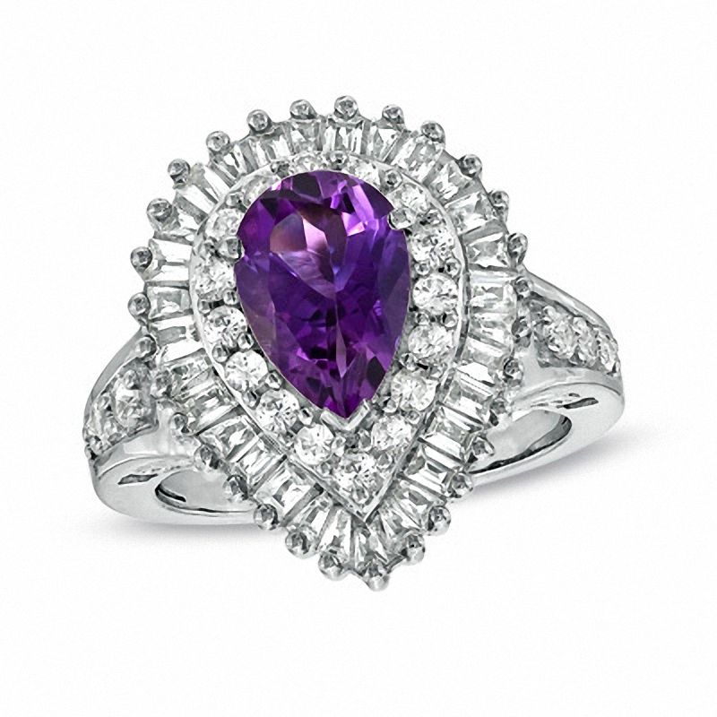 Main Image 1 of Pear-Shaped Amethyst and White Sapphire Double Frame Ring in Sterling Silver