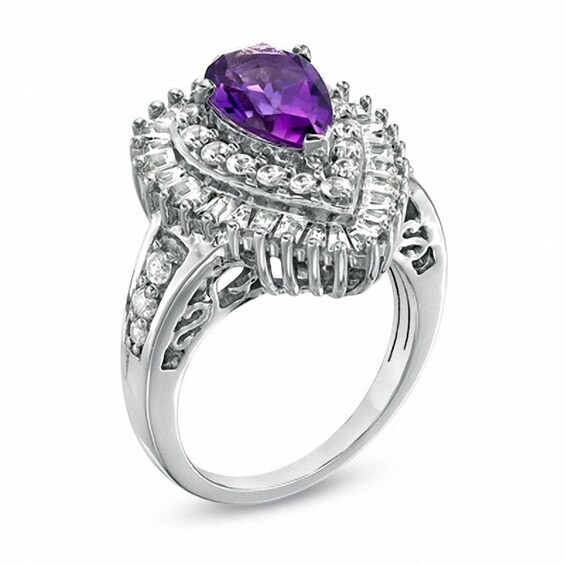 Pear-Shaped Amethyst and White Sapphire Double Frame Ring in Sterling Silver