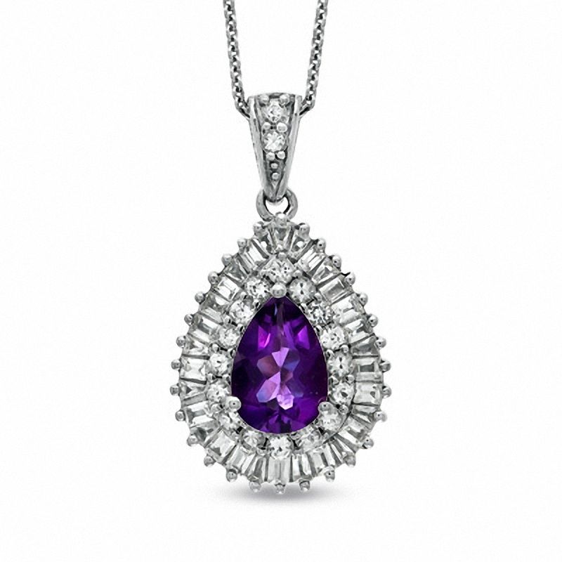Main Image 1 of Pear-Shaped Amethyst and White Sapphire Double Frame Pendant in Sterling Silver