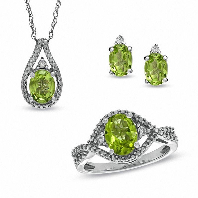 Main Image 1 of Oval Peridot and Diamond Accent Pendant, Ring and Earrings Set in Sterling Silver - Size 7