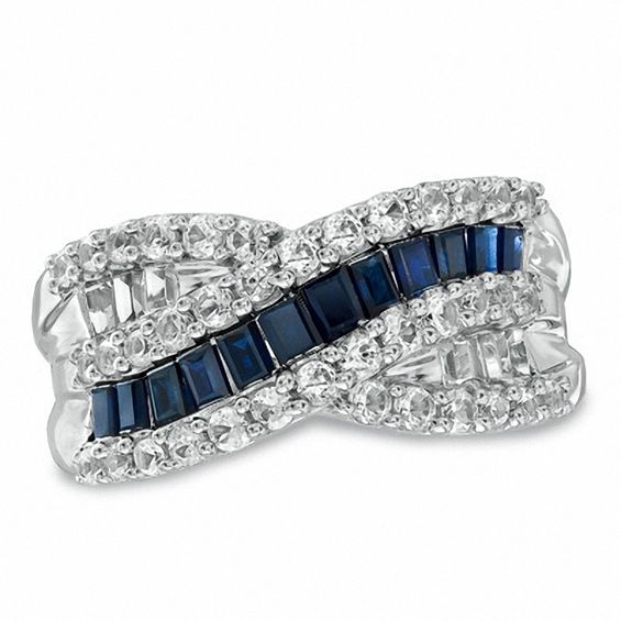 Lab-Created White and Ceylon Sapphire Crossover Band in Sterling Silver