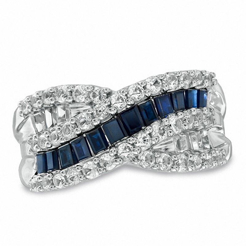 Main Image 1 of Lab-Created White and Ceylon Sapphire Crossover Band in Sterling Silver