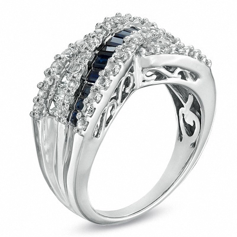 Lab-Created White and Ceylon Sapphire Crossover Band in Sterling Silver