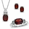 Thumbnail Image 1 of Cushion-Cut Garnet and Diamond Accent Pendant, Ring and Earrings Set in Sterling Silver - Size 7