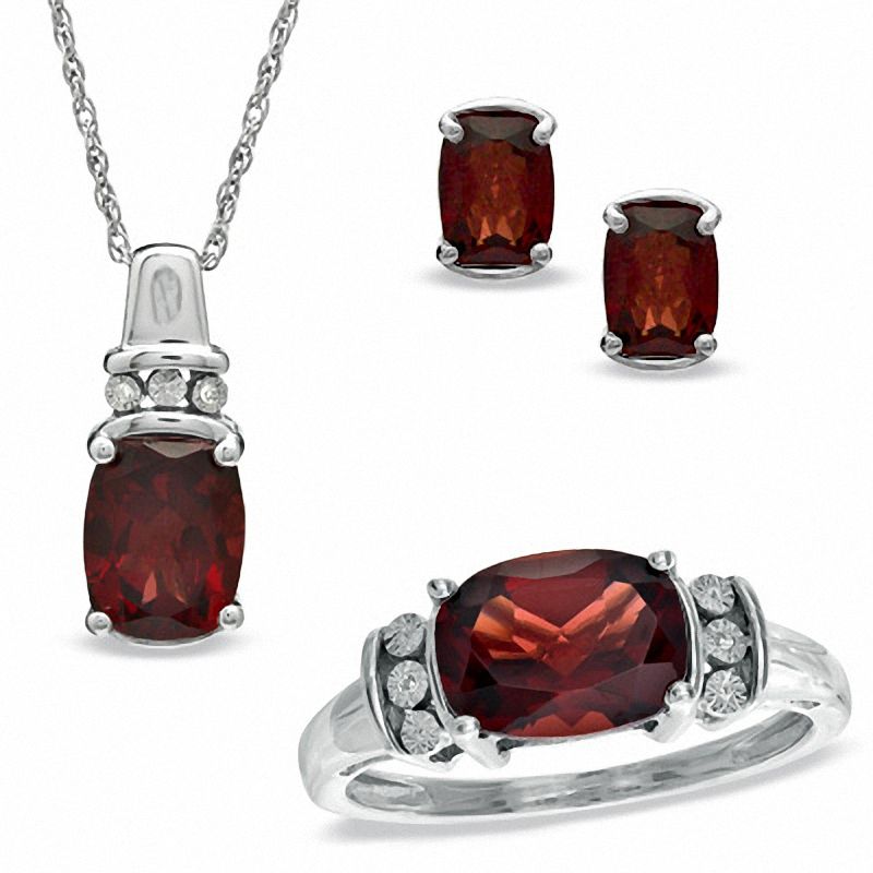Main Image 1 of Cushion-Cut Garnet and Diamond Accent Pendant, Ring and Earrings Set in Sterling Silver - Size 7