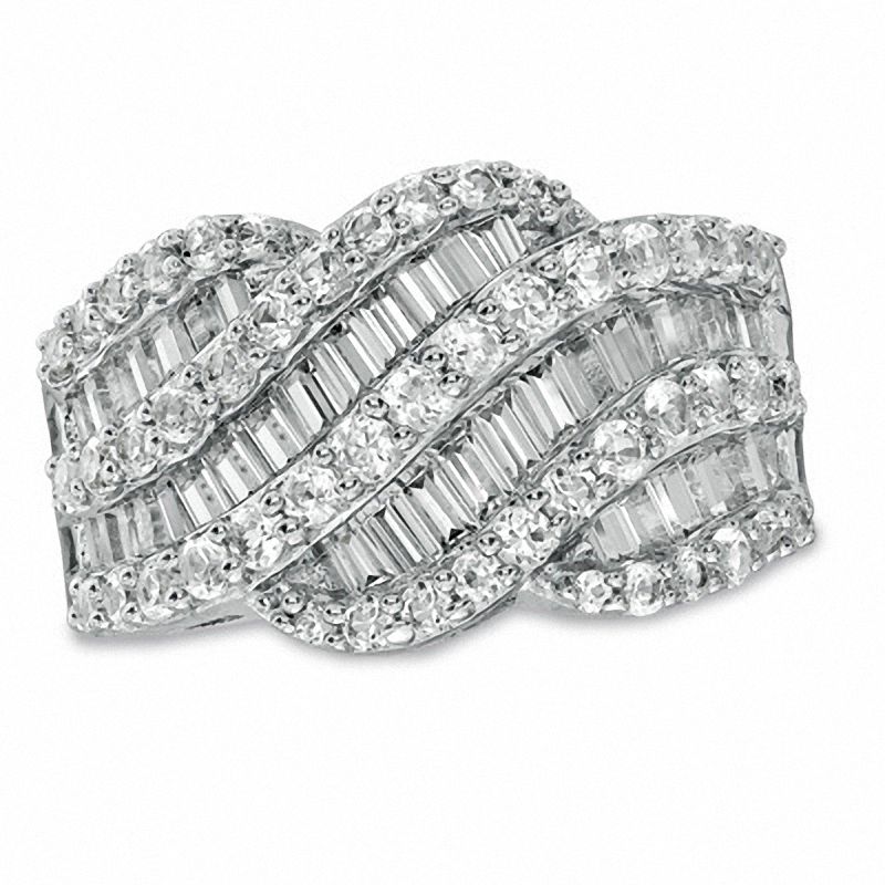 Main Image 1 of Baguette and Round Lab-Created White Sapphire Wave Band in Sterling Silver