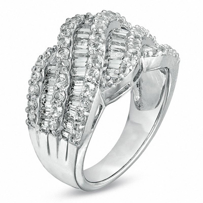 Main Image 2 of Baguette and Round Lab-Created White Sapphire Wave Band in Sterling Silver