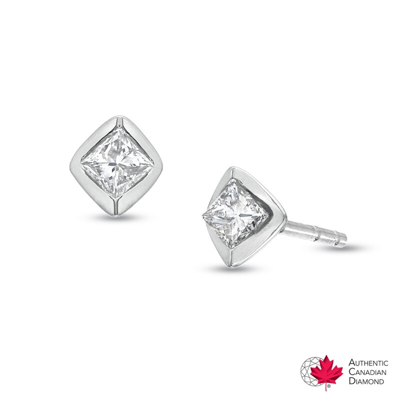 Main Image 1 of 1/5 CT. T.W. Certified Canadian Princess-Cut Diamond Earrings in 14K White Gold (I/I2)