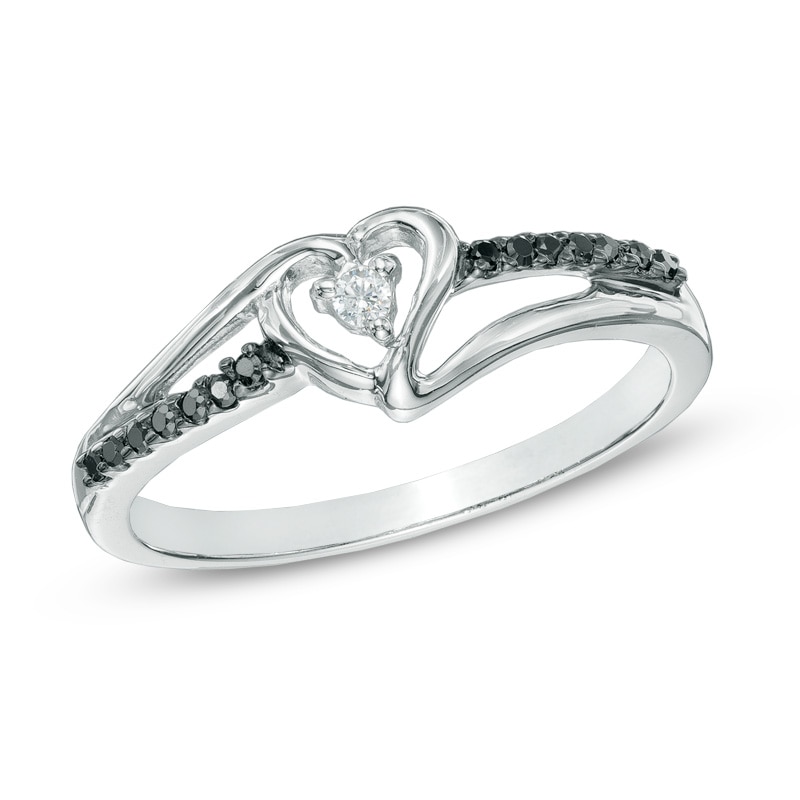 1/15 CT. T.W. Enhanced Black and White Diamond Heart Split Shank Promise Ring in Sterling Silver