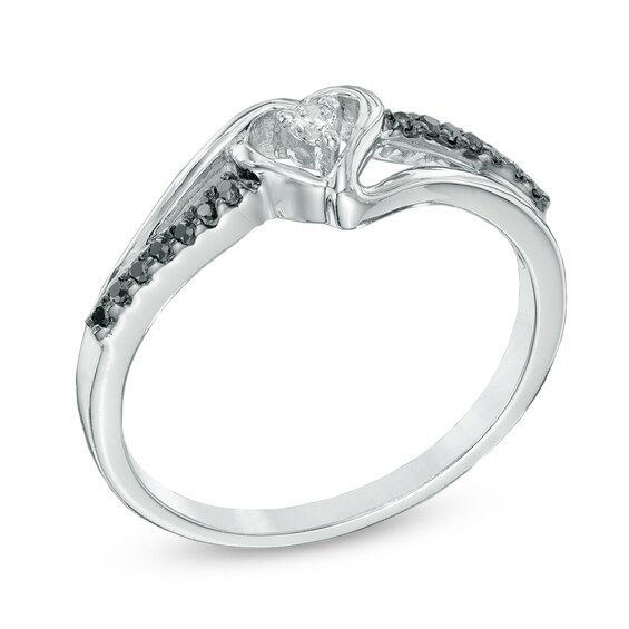 1/15 CT. T.w. Enhanced Black and White Diamond Heart Split Shank Promise Ring in Sterling Silver