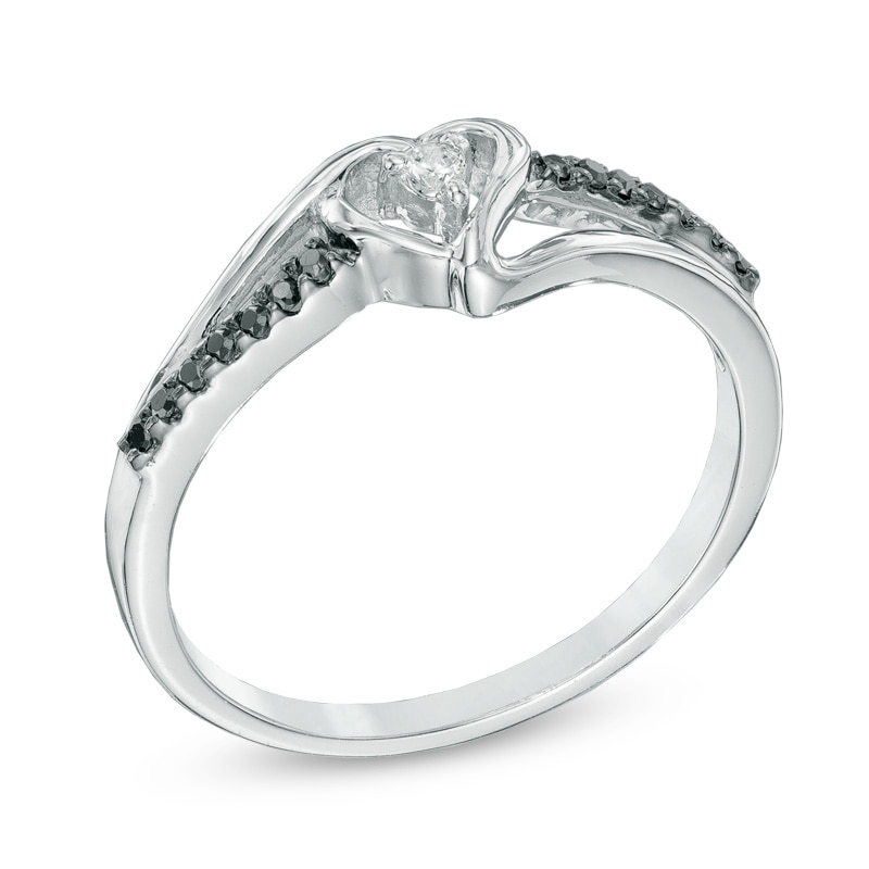 1/15 CT. T.W. Enhanced Black and White Diamond Heart Split Shank Promise Ring in Sterling Silver