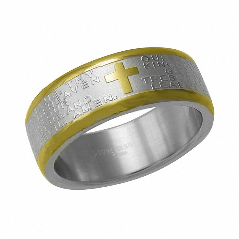 Men's 7.0mm Lord's Prayer Wedding Band in Stainless Steel with Yellow IP