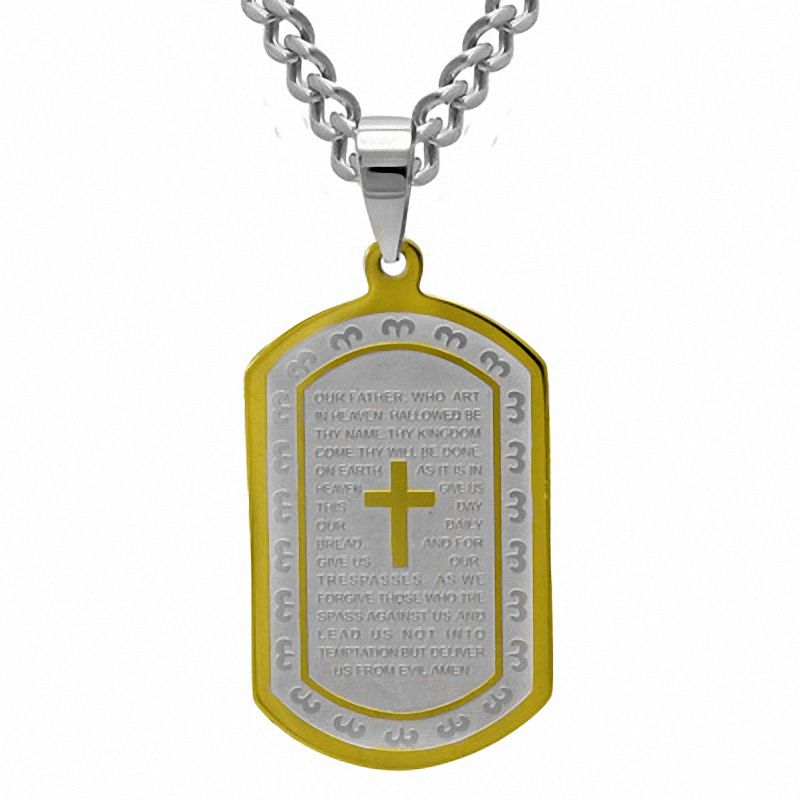 Men's Lord's Prayer Dog Tag Pendant in Stainless Steel and Yellow IP - 24"