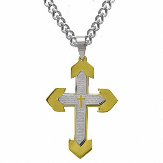 Men's Cross "Lords Prayer" Pendant in TwoTone IP Stainless Steel 24