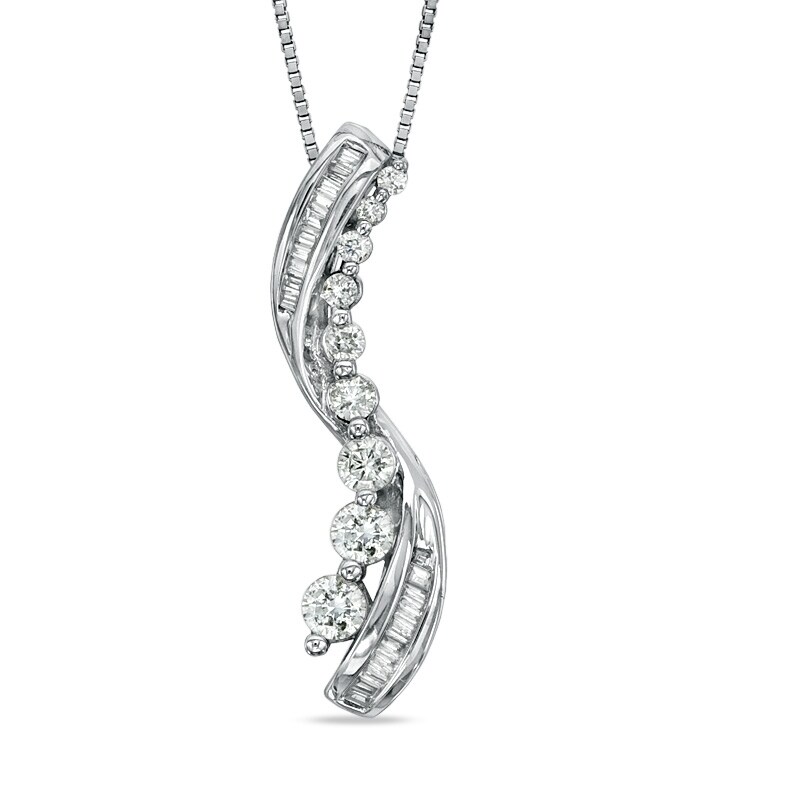 1/3 CT. T.W. Journey Round and Baguette Diamond Ribbon Pendant in 10K White Gold