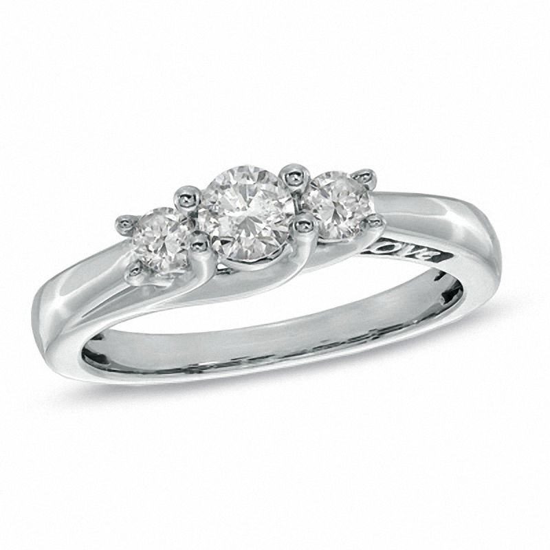 Main Image 1 of 1/2 CT. T.W. Diamond LOVE Three Stone Engagement Ring in 10K White Gold