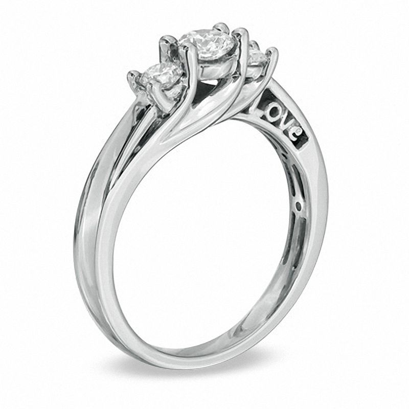 Main Image 2 of 1/2 CT. T.W. Diamond LOVE Three Stone Engagement Ring in 10K White Gold