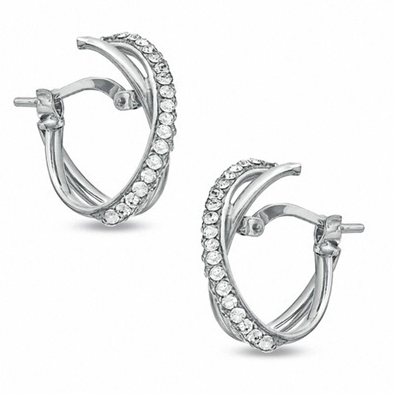 Main Image 1 of Crystal Oval "X" Hoop Earrings in Sterling Silver