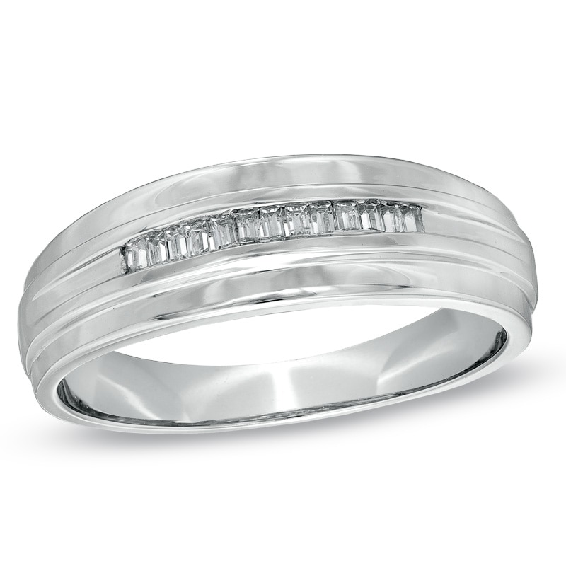 Main Image 1 of Men's 1/6 CT. T.W. Baguette Diamond Wedding Band in 10K White Gold