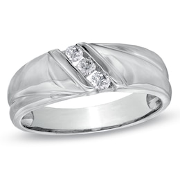 1/6 CT. T.W. Diamond Three Stone Slant Wedding Band in 10K White Gold