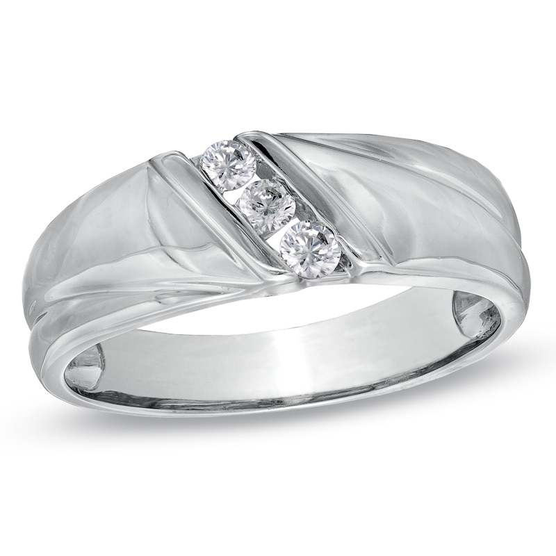 Main Image 1 of Men's 1/6 CT. T.W. Diamond Three Stone Slant Wedding Band in 10K White Gold