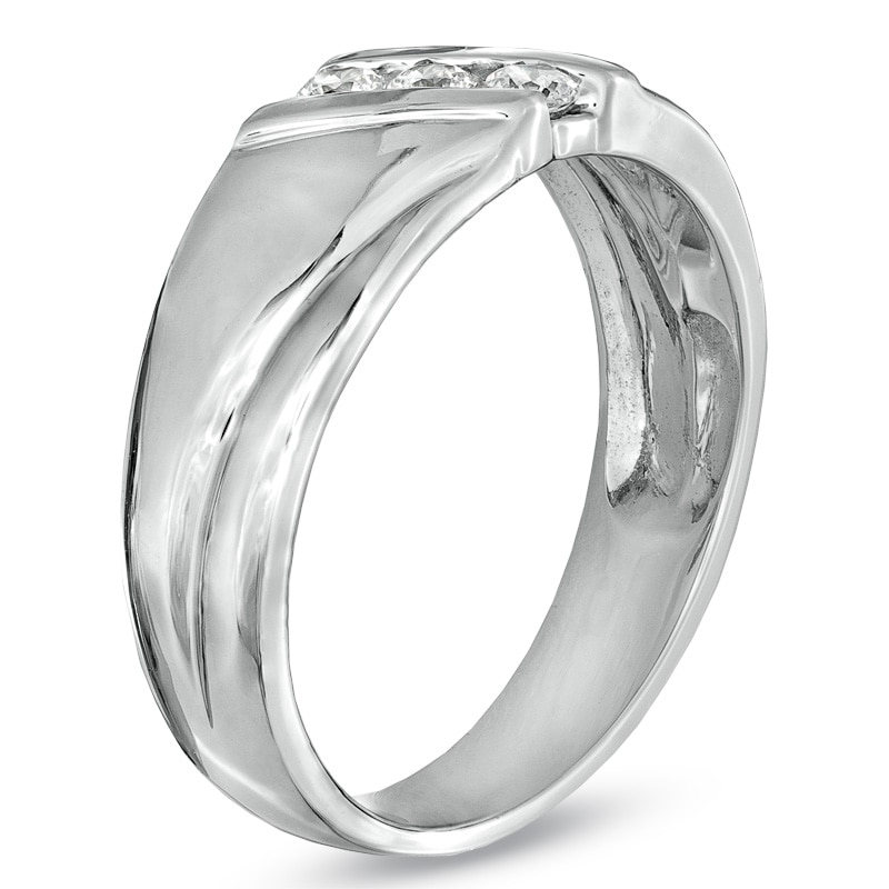 Main Image 2 of Men's 1/6 CT. T.W. Diamond Three Stone Slant Wedding Band in 10K White Gold